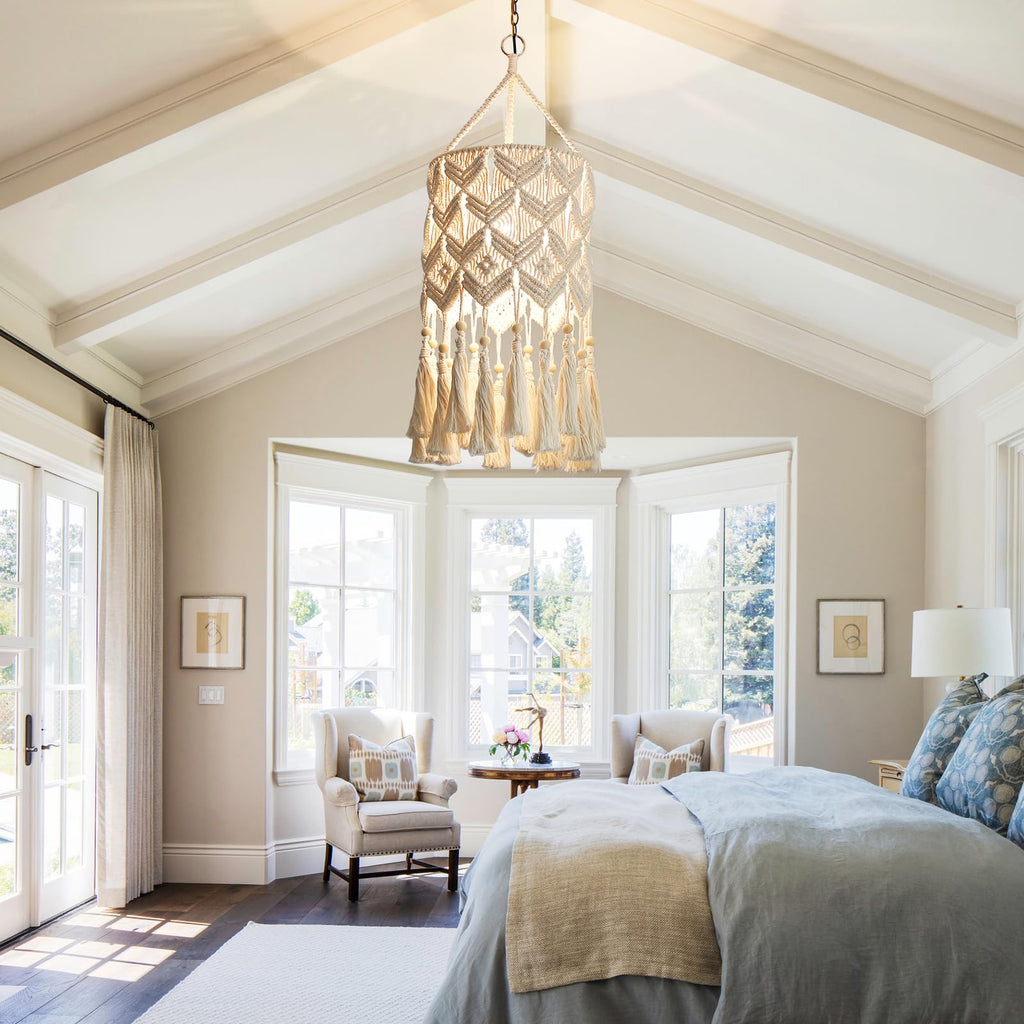 Boho Hanging Lamp, Macrame Lamp Shade, Pendant Light with Cord(9.8FT)
