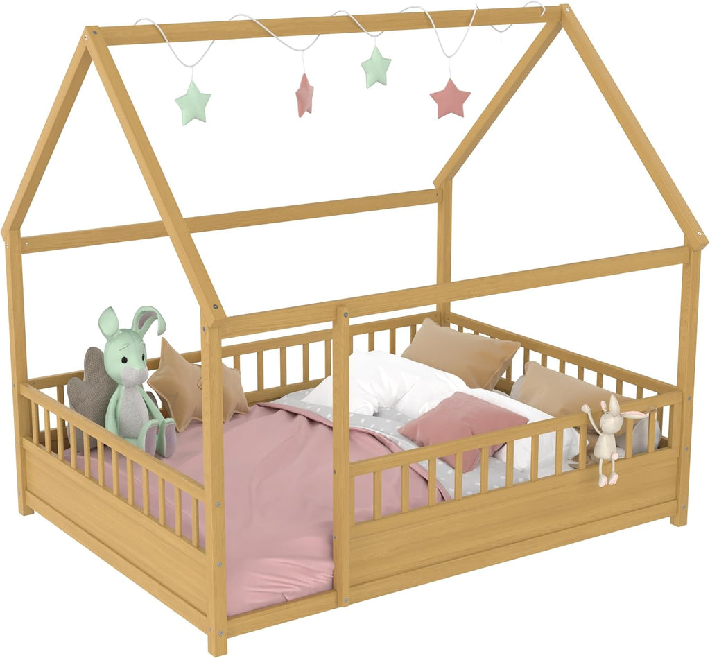 House Bed Frame with High Fence, Natural
