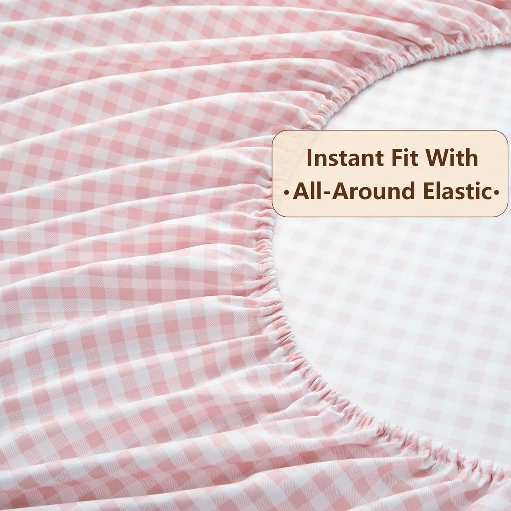 Gingham Ruffle Queen Sheet Set, Light Pink Microfiber Plaid Bed Sheets