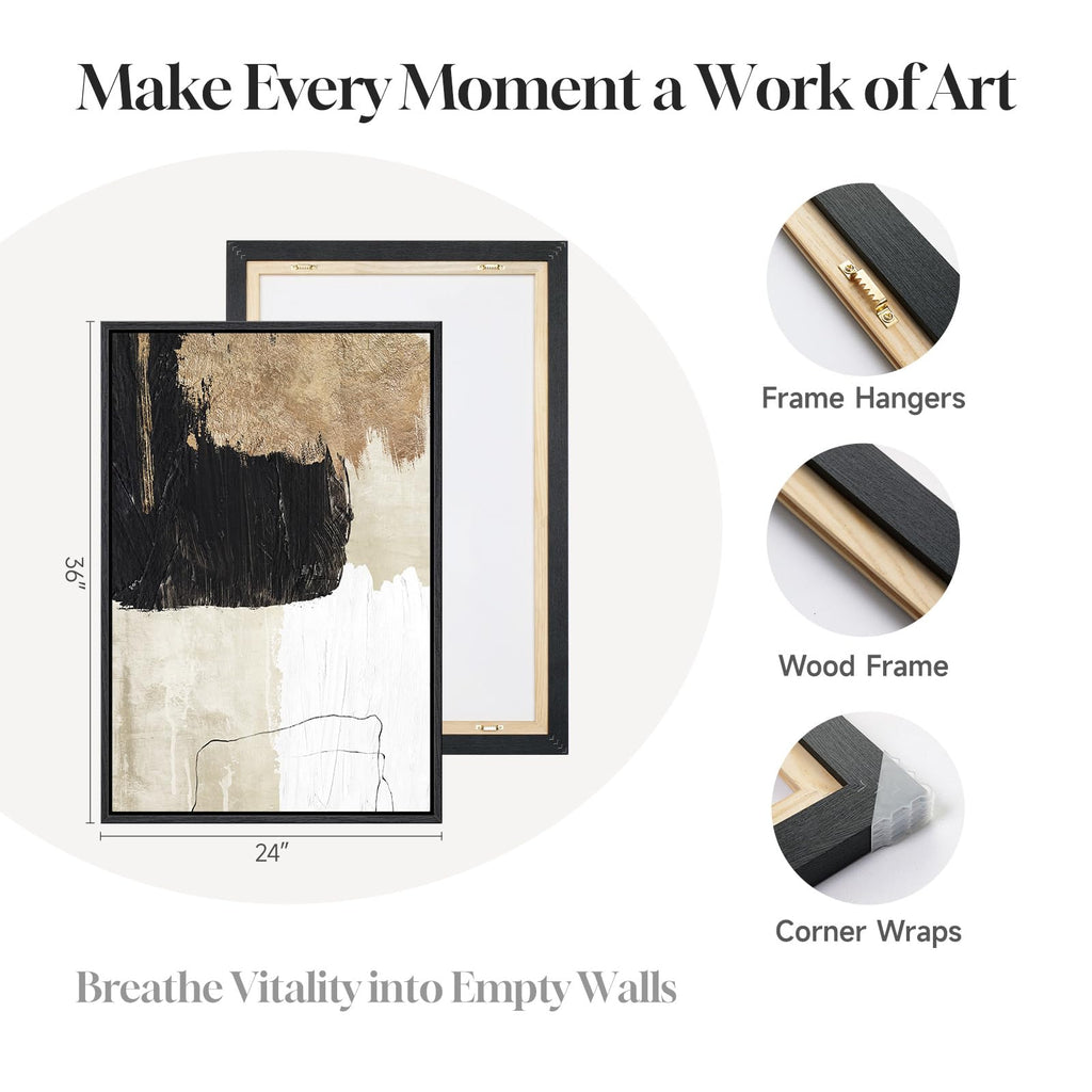 Framed Black and White Gold Abstract Wall Art, 24x36 Inch