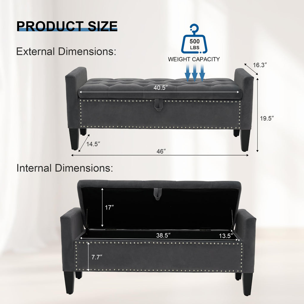 46" Storage Ottoman Bench, Velvet Footstool, Dark Grey