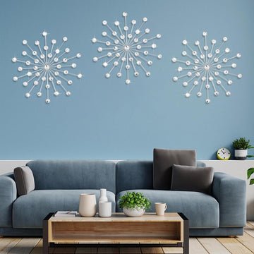 Modern Starburst Wall Decor, Metal Wall Sculpture with Crystal Accents, Silver 3D Wall Art, Elegant Hanging - Set of 3