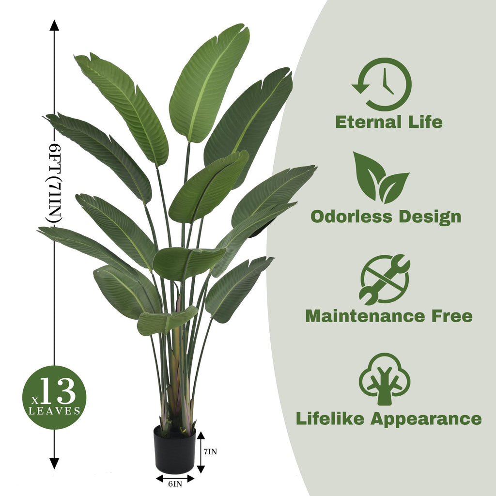 6FT Artificial Bird of Paradise Plant (72in) Tall Faux Tree with Realistic 13 Leaves, Fake Tropical Floor Potted