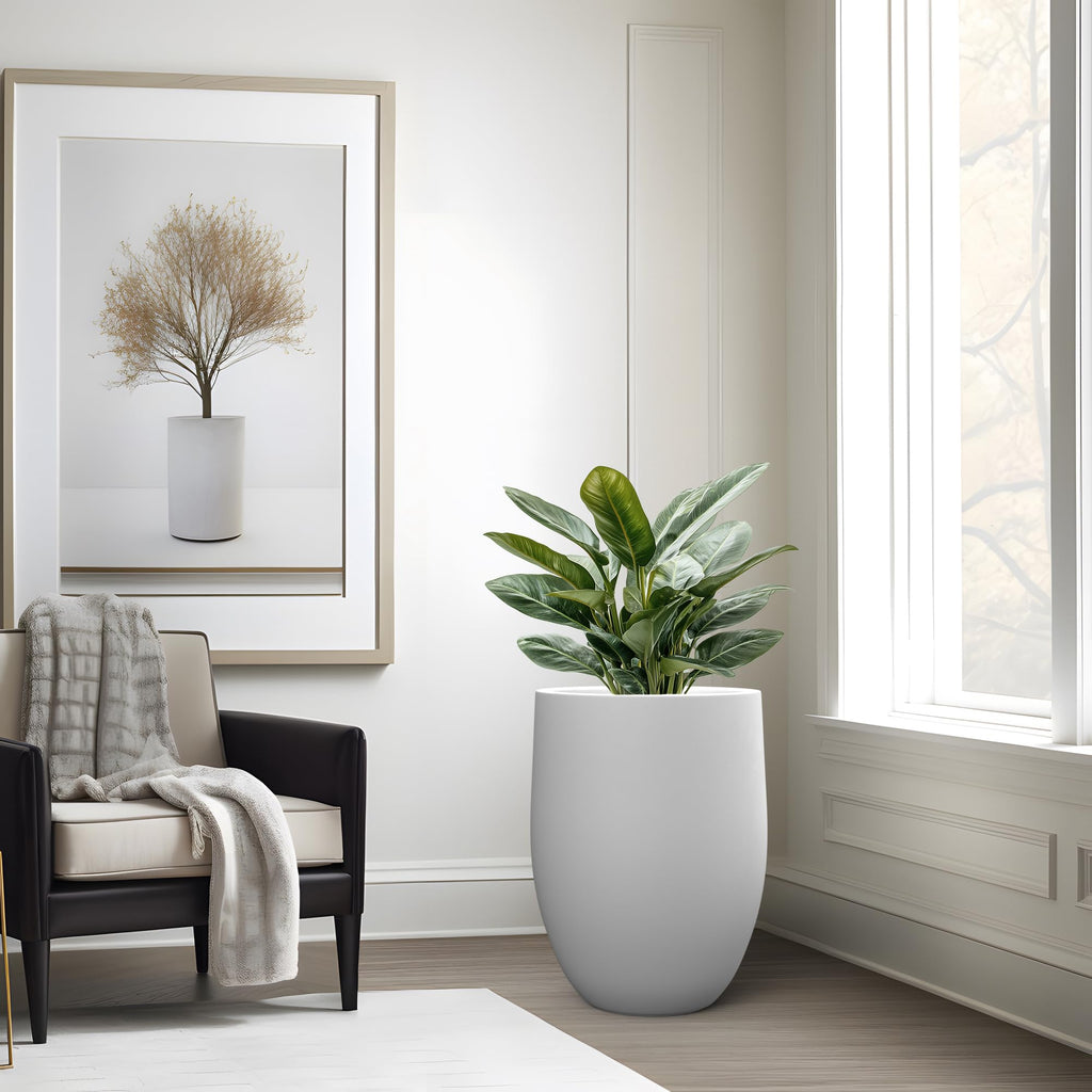 White Concrete Planter 21.7" Tall All-Weather Round Large Pot