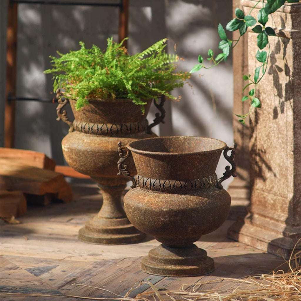 Metal Urn Planter with Handles, Rustic Brown | Ornate Scroll Handles, Pedestal Base Design, Indoor & Outdoor Use