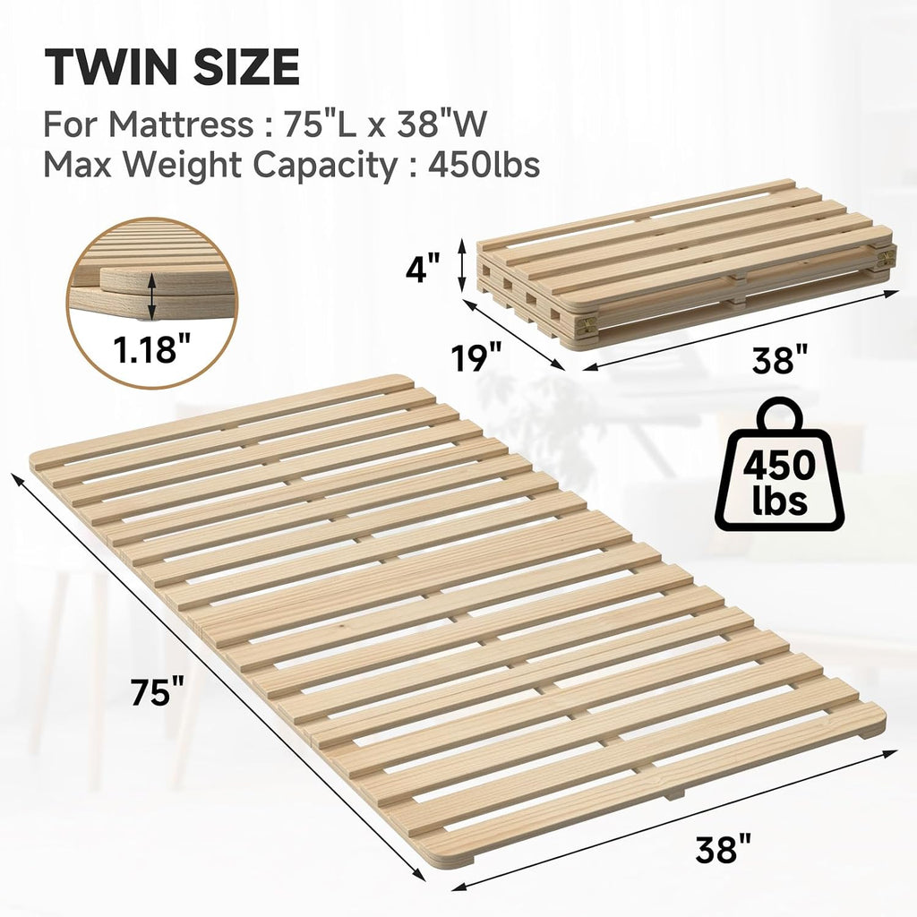 Foldable Floor Bed Frame, Solid Wood Slat Base for Futon Mattress