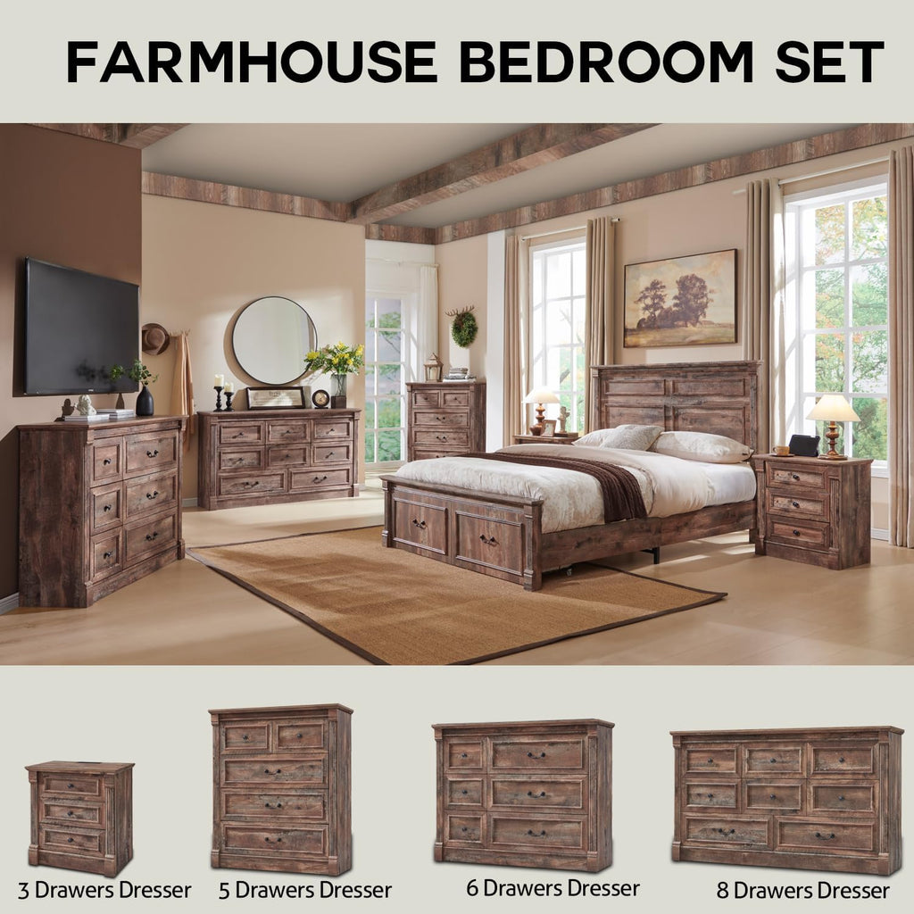 Farmhouse Queen Bed Frame with 51" Tall Headboard, Wood Platform Bed Frame with 20" Tall Roman Column Decoration