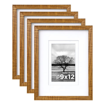 9x12 Picture Frames 4PCS Covered by Plexiglass, Solid Wood Frames for Pictures 5x7/6x8 with Mat or 9x12 without Mat