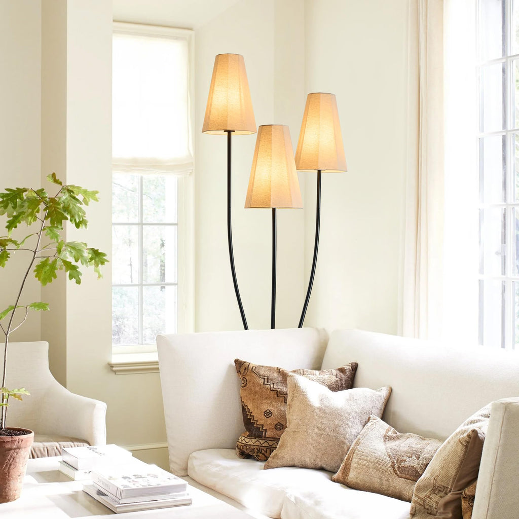 Artistic Vintage Floor Lamp, 3-Light Standing Lamps with Sculptural Curved Iron Base & Octagonal Linen Shades