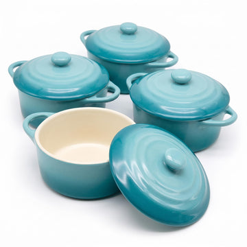 Mini Cocotte, Lids, Handles, Dutch Oven, Set of 4, 12 oz, Sky Blue