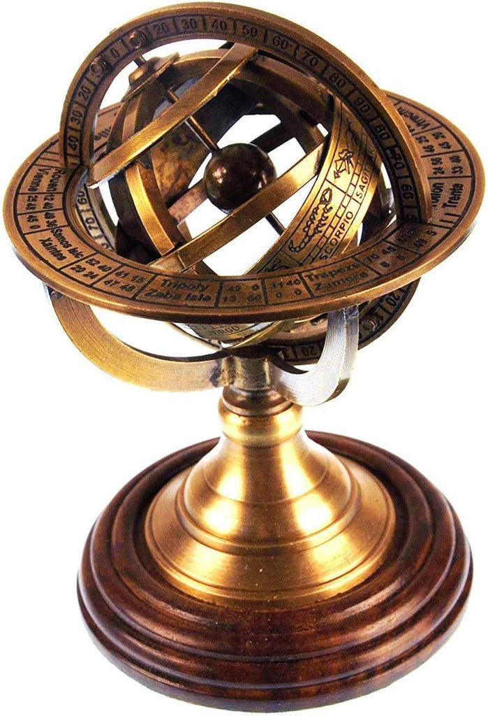 5" Nautical Brass Armillary Sphere World Globe Rosewood Base Table Decor Gift