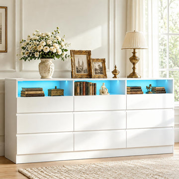 9 Drawer White Dresser with Charging Station Led Lights