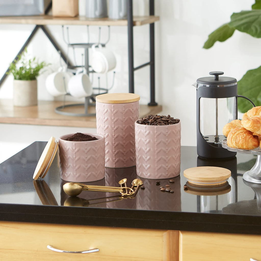 Kitchen Accessories Collection, Textured Matte Ceramic Canister Set, Pale Mauve, Vine, 3 Piece