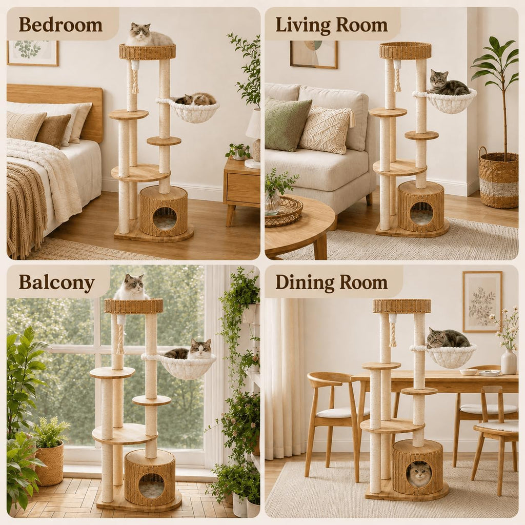 53'' Solid Wooden Cat Tree for Indoor Cats, Modern Large Cat Tower