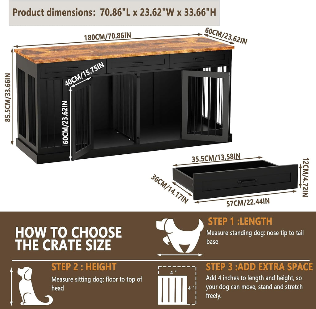 71" Double Dog Crate Furniture TV Stand with Removable Divider & 3 Drawers