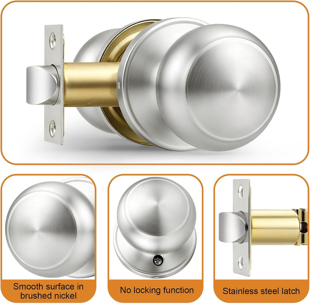 Brushed Nickel Door Knobs Interior, Passage Door Knobs Closet, Non-Locking Interior Door Knob, 10 Pack