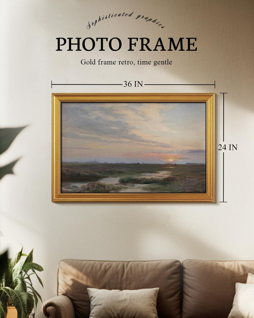 Large Gold Framed Wall Art, Vintage Landscape Paint, Sunset