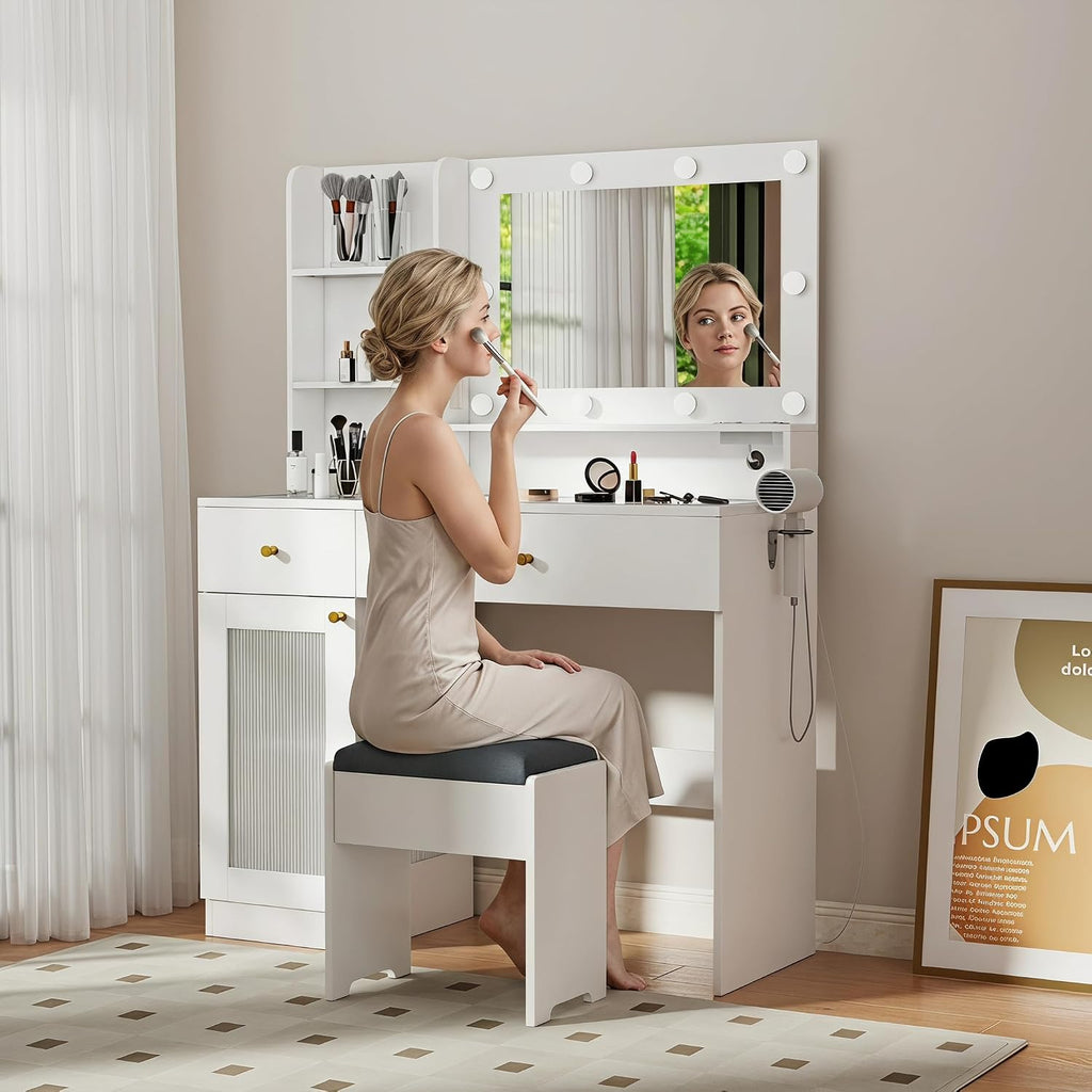 White Makeup Vanity Desk: 40" Vanity Desk with Mirror and Lights and Chair, Modern Makeup Table with Glass Top, 4