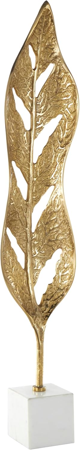 79 Aluminum Metal Leaf Decorative Sculpture Tall Textured Cutout Home Decor Statue with White Marble Base, Accent