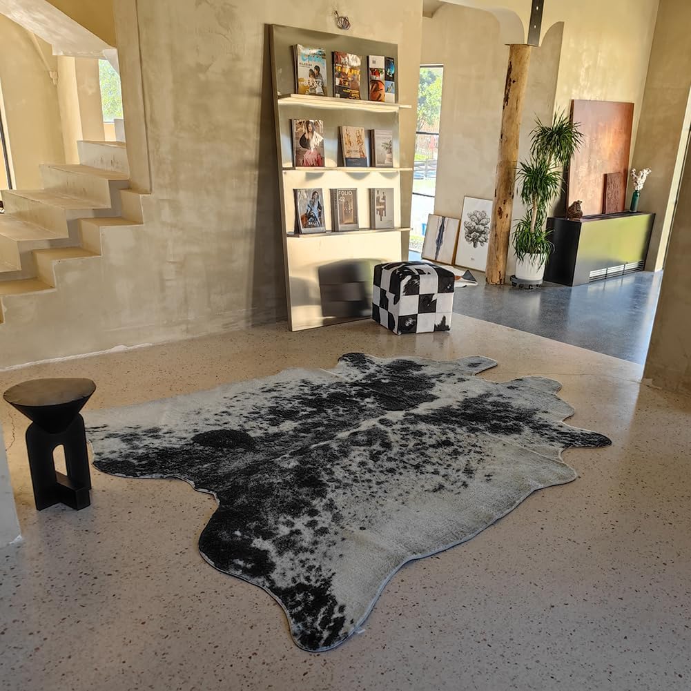 Faux Cowhide Rug 6.4 ft x 8 ft Black and White Cow Print Area Rug Faux Animal Skin Rug Bedroom Nursery