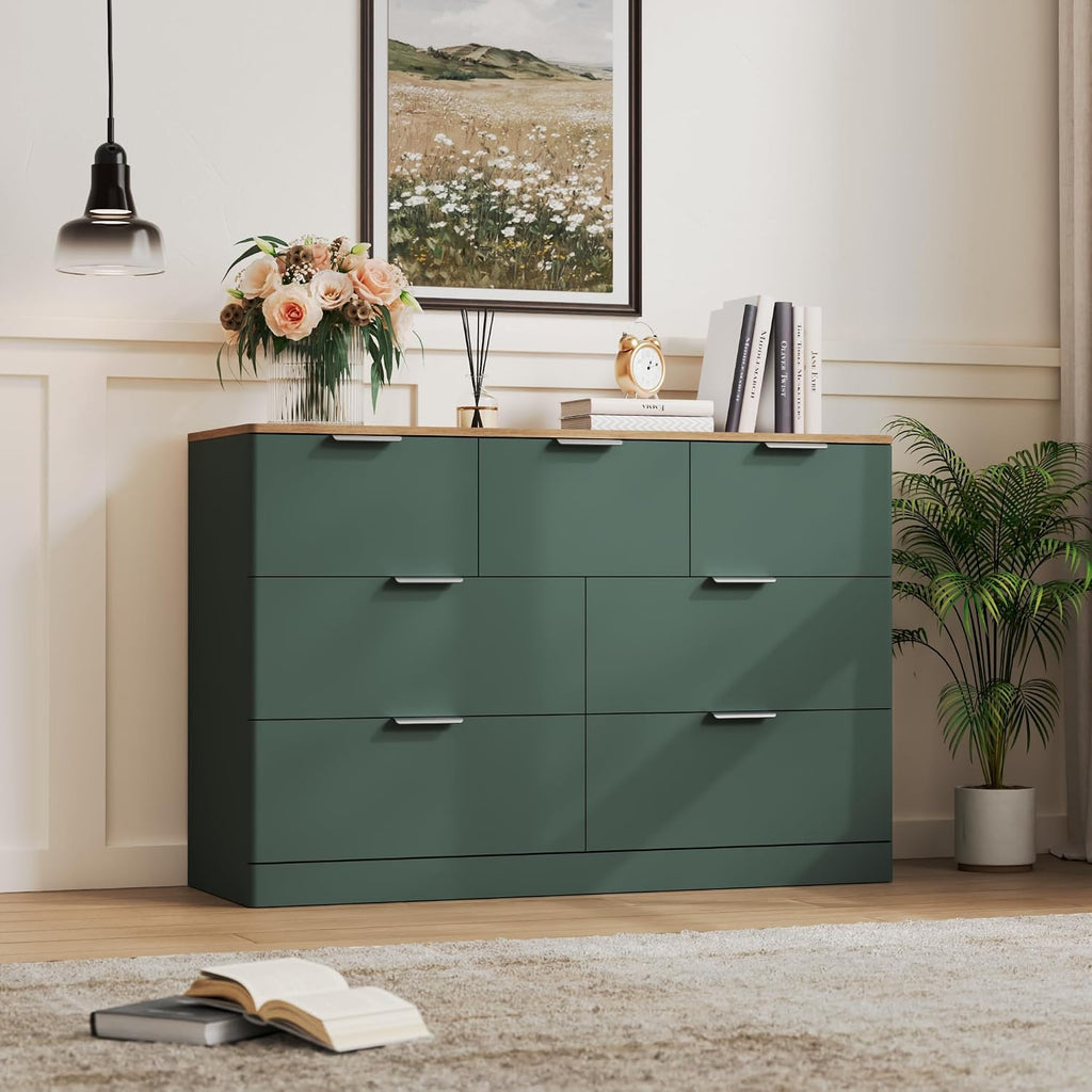7 Drawer Dresser , 47.2" Wide Modern Chest of Drawers with 7 Large Storage Space with Curved Edge Design, Large