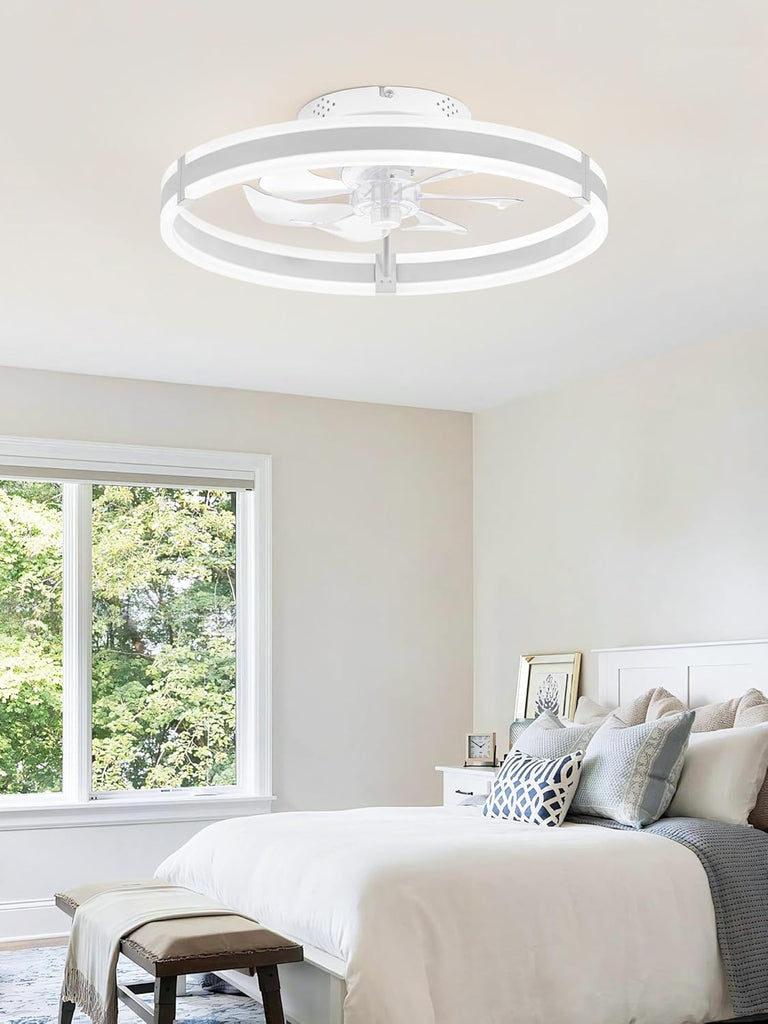 Ceiling Fans with Lights and Remote, 19.7'' Low Profile Ceiling Fan, 3000-6000K Dimmable Modern Flush Mount LED Fan Light, 6 Wind Speeds, White Fandelier Ceiling Fans for Bedroom A101-B0DBHC6FNR