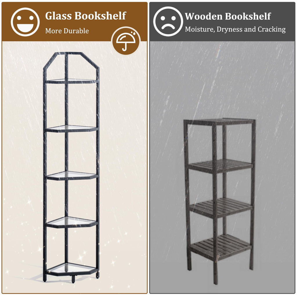 5-Tier Corner Shelf Stand, Black Corner Bookshelf, Bathroom Storage Rack Shelf, Plant Rack, Tempered Glass, Steel