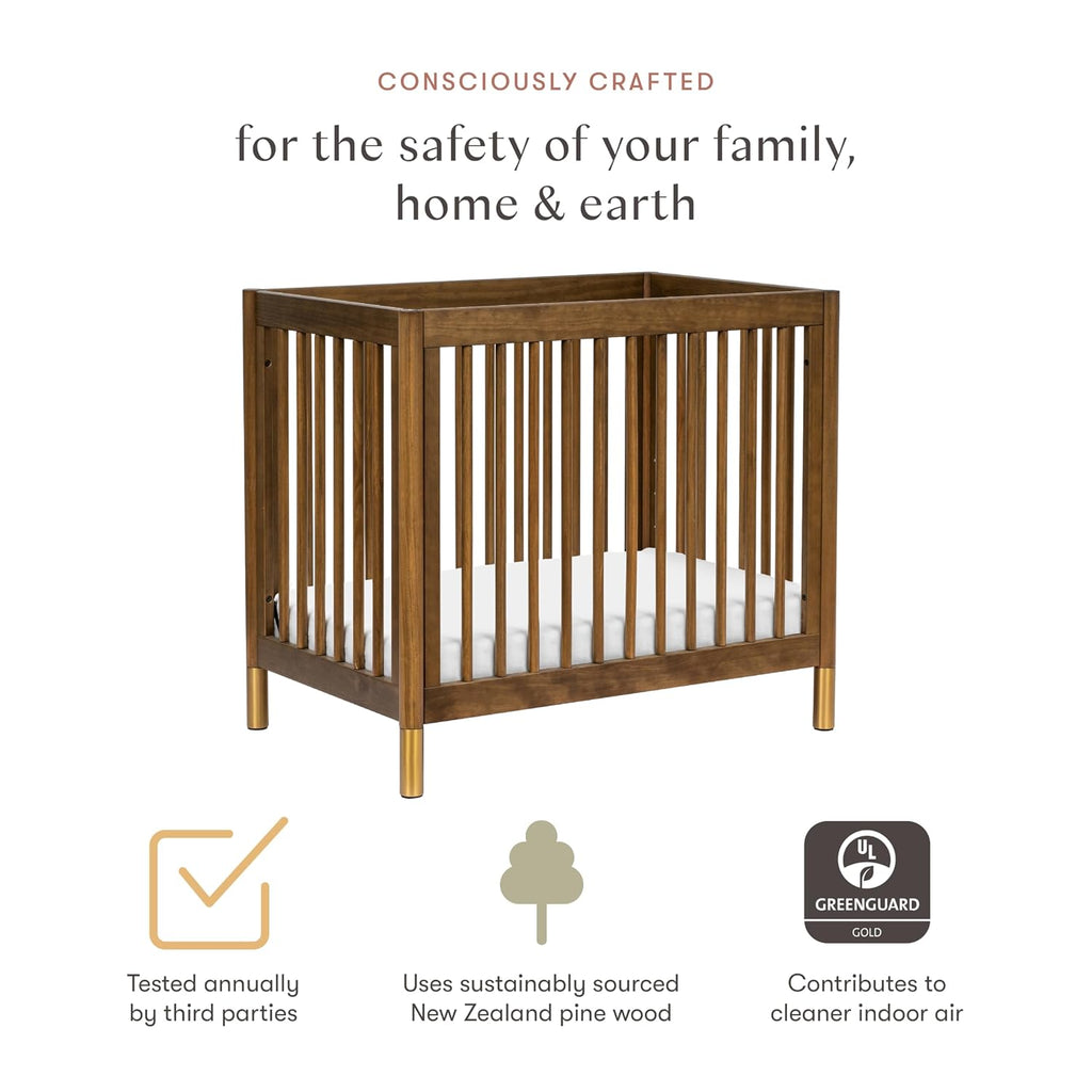 Gelato 4-in-1 Mini Crib, Natural Walnut and Brushed Gold Feet | GREENGUARD Gold Certified, Converts to Toddler Bed