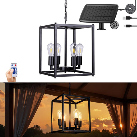 Solar Chandelier Outdoor, 14" Farmhouse Waterproof Dimmable Hanging Pendant Lights for Gazebo, Pergola, Canopy Decor