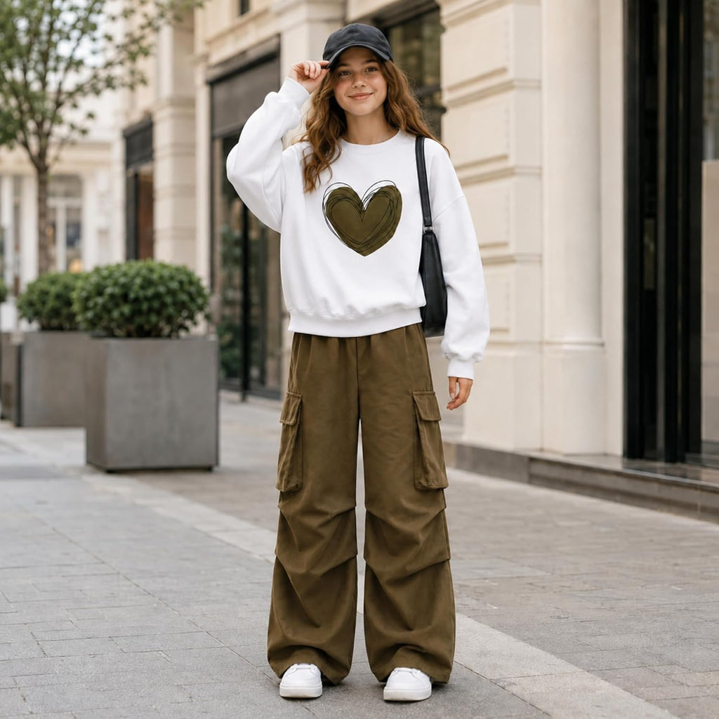 Girls 2 Piece Outfits Heart Print Sweatshirt and Cargo Pants Set, Casual Tracksuit School Daily Wear
