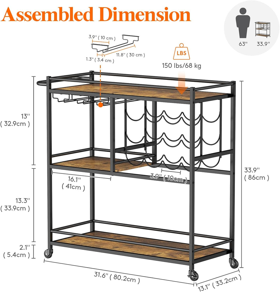 3 Tier Rolling Serving Bar Cart with Lockable Wheels, Rustic Brown | 12 wine rack and 3 rows glass holders, liquor