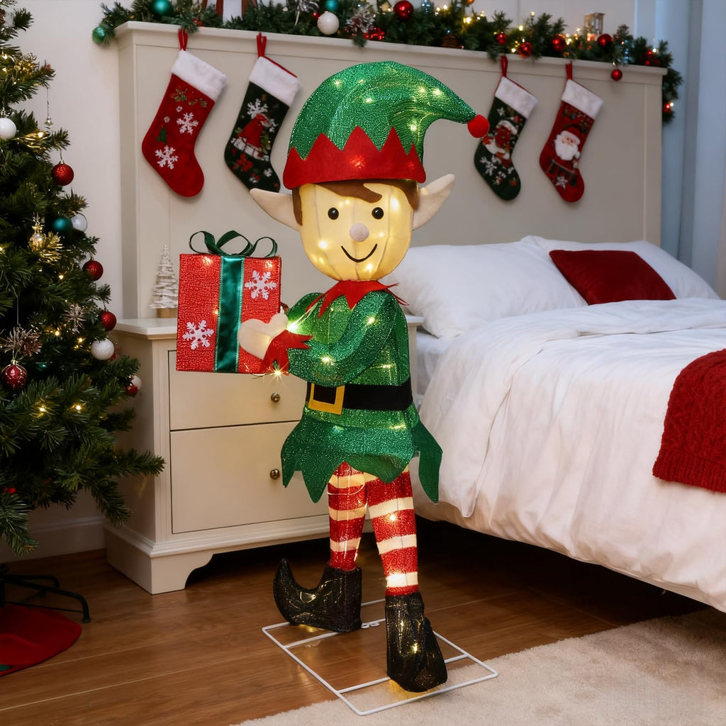 Lighted Christmas Outdoor Decor, 38" Height Pre-Lit 3D Tinsel Xmas Green Elf Figure, Light Up Xmas Yard Displays