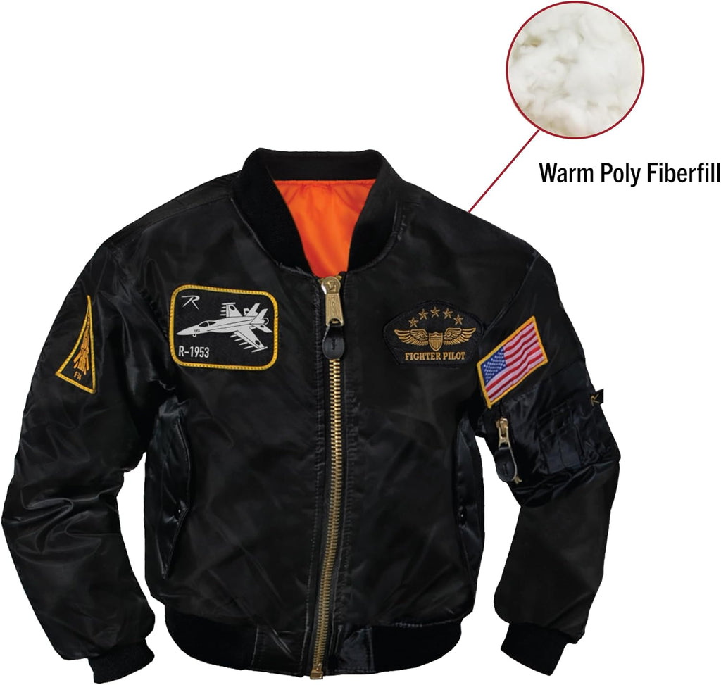 Kids Flight Jacket with Patches - Warm & Comfortable Outdoor Bomber Aviator Pilot Coat