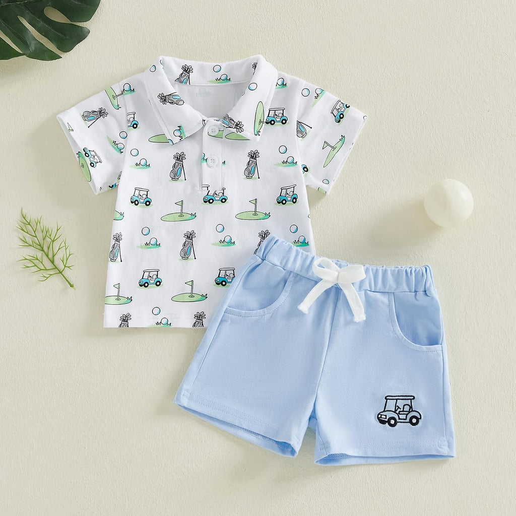 Toddler Baby Boy Summer Outfit Short Sleeve Embroidered Printed Button Down T-shirt Shorts Set 2Pcs Infant Clothes