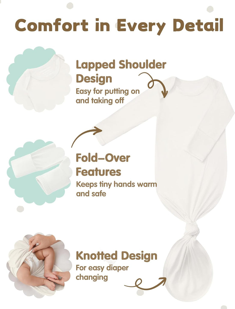 Newborn Knotted Gown 2Pack, Soft Breathable Baby Sleep Gown for Boys Girls, Infant Baby Coming Home Hospital Outfit