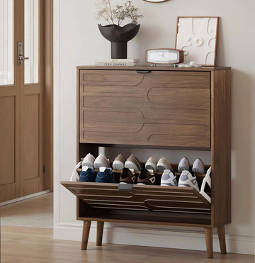 Shoe Cabinet with 2 Flip Drawers, Freestanding Shoe Storage Cabinet with Fluted Panel Design, Hidden Shoe Organizer