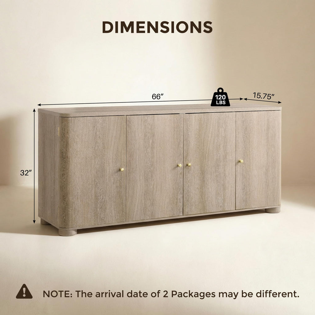 Curved Buffet Cabinet with Doors, 66" Large Sideboard Buffet Storage Cabinet with 4 Doors and Shleves, Modern Coffee