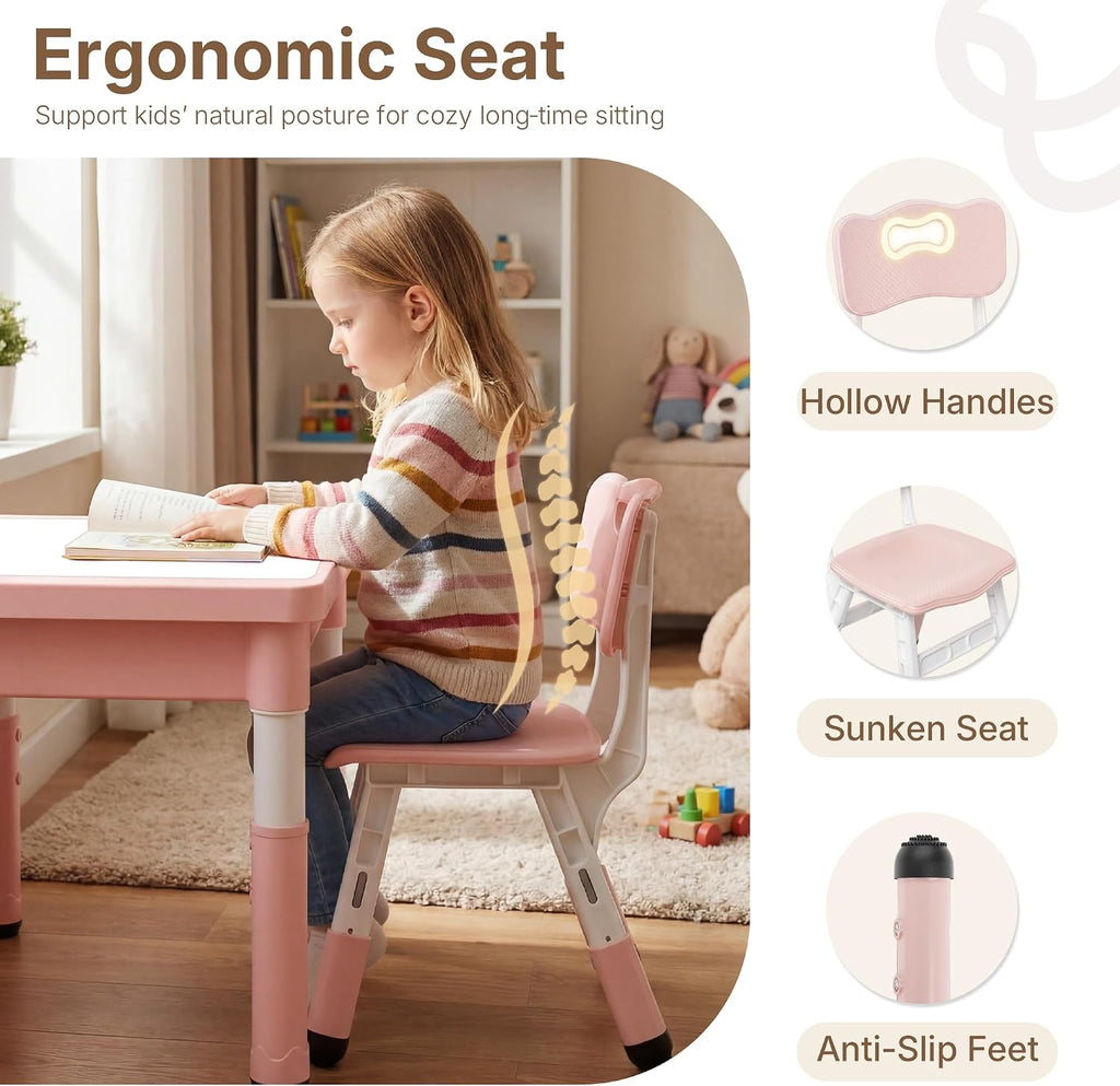 In-1 Kids Table and 2 Chairs Set, Reversible Tabletop, Pink