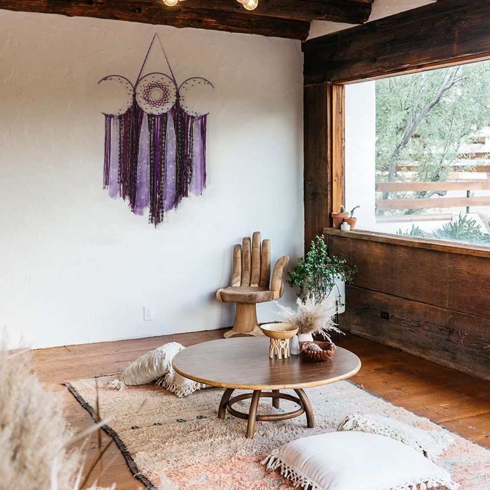 Purple Triple Moon Goddess Dream Catcher Macrame Wall Hanging, Pagan Decor