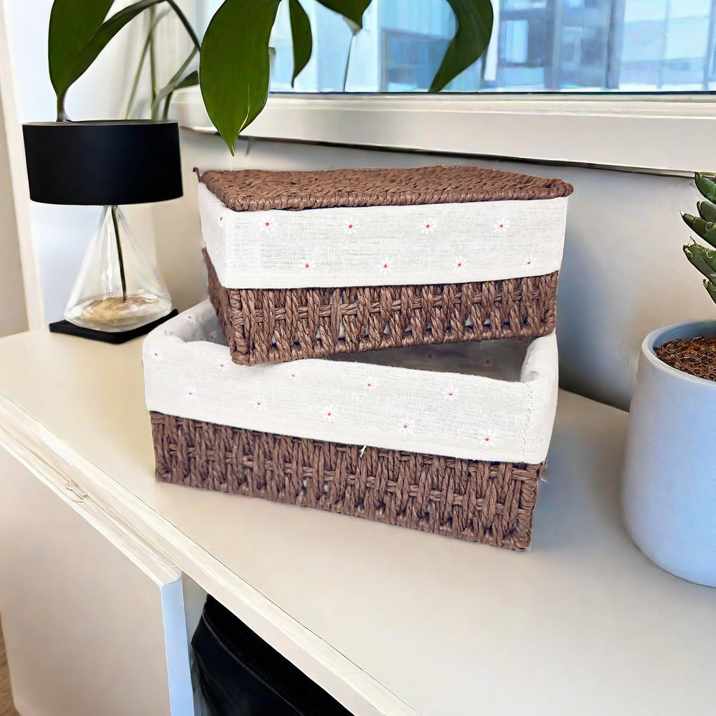 GIB Small Wicker Storage Baskets with Lid/Liner Woven Cute Decorative Boxes