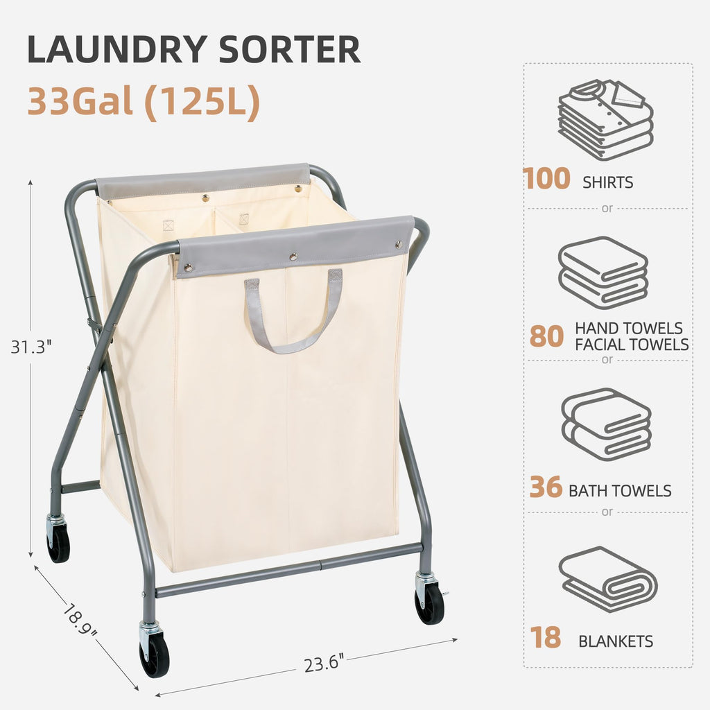 125L Collapsible Laundry Hamper with Wheels, Rolling Laundry Basket, Heavy Duty Cloth Sorter with Removable Bag