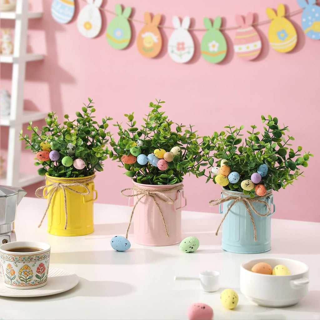 3 Pk Artificial Eucalyptus Potted Plants with Eggs Easter Farmhouse Decor