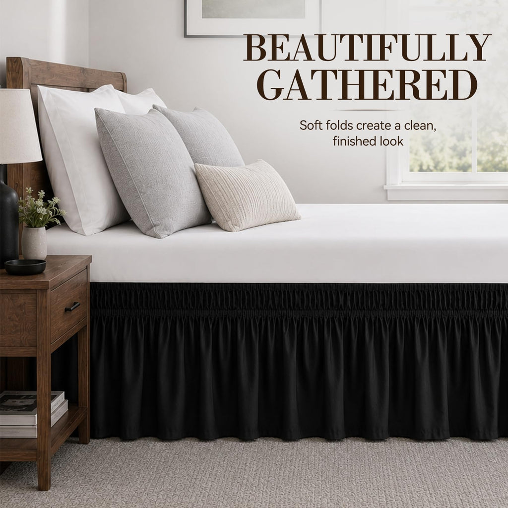 Black King Bed Skirt 14 Inch Drop, Elastic Wrap Dust Ruffle