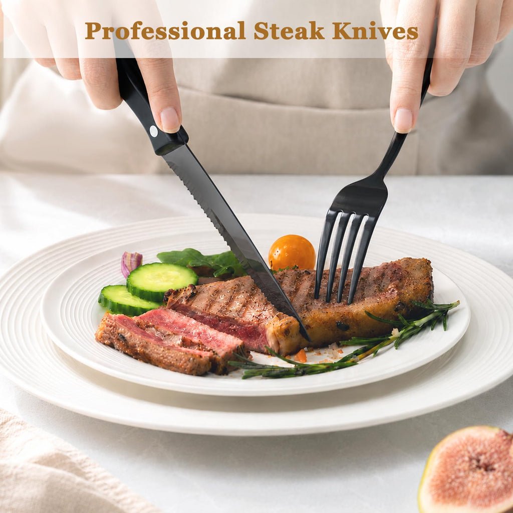 Black Silverware Set with Steak Knives Flatware Set for 4 Food-Grade Stainless Steel Cutlery Set Mirror