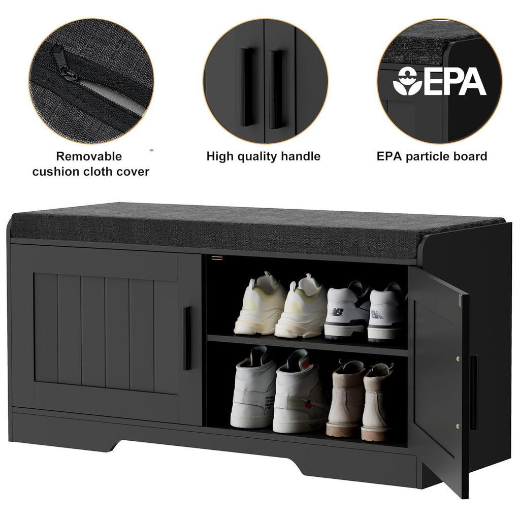 Shoe Storage Bench, 2 Doors & Thickened Padded Seat Cushion