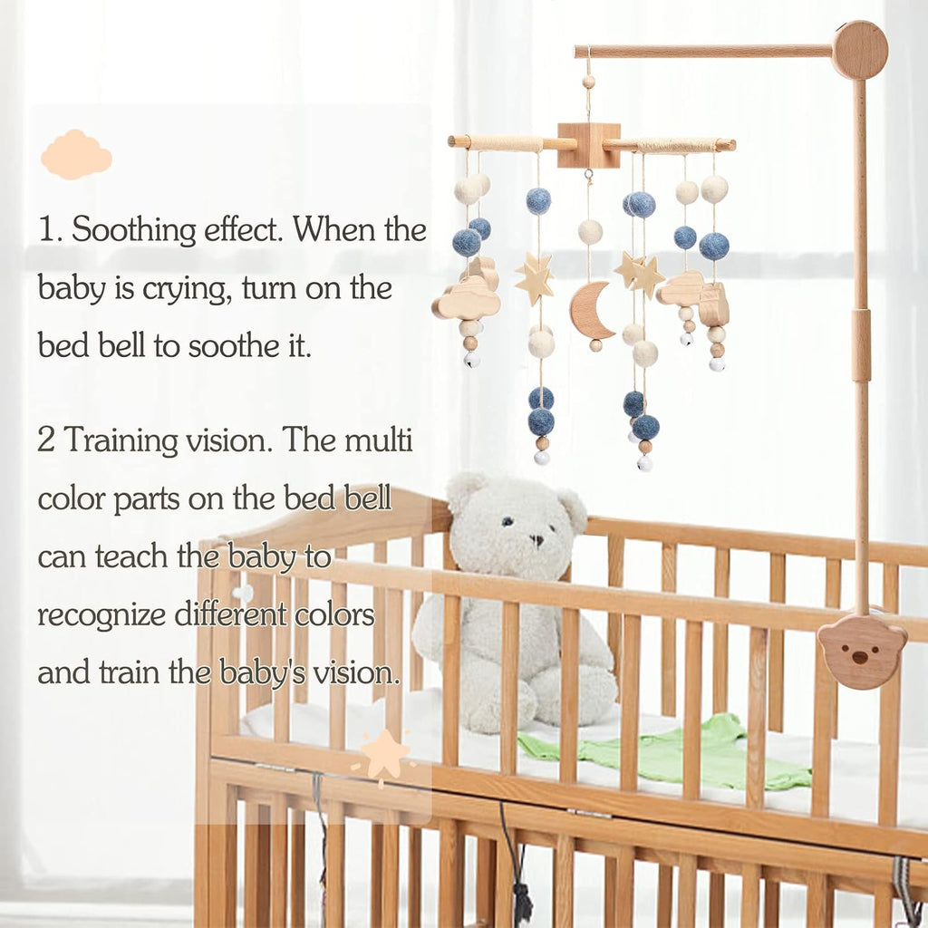 Boho Baby Crib Mobile Decor - Wooden Moon and Stars Nursery Mobiles with Cloud for Bassinet Starry Night Soft Felt