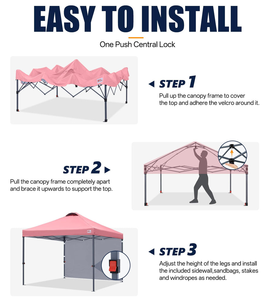 10x10 Durable Pop Up Canopy Tent with 1 Sidewall, Pink