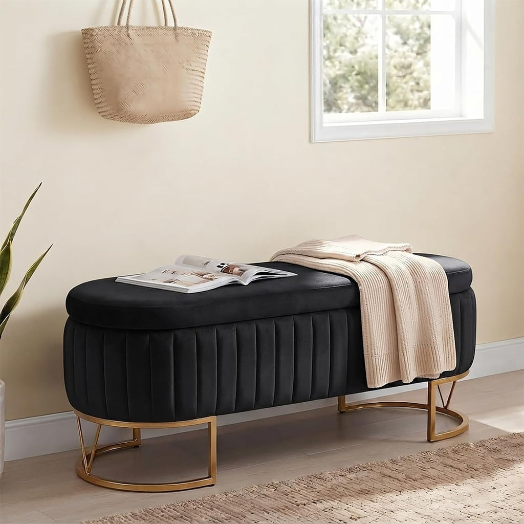 46" Storage Ottoman Bench, Velvet Oval End of Bed Bench Black | Easy 1-Min Assembly, High-Resilience Foam, Large
