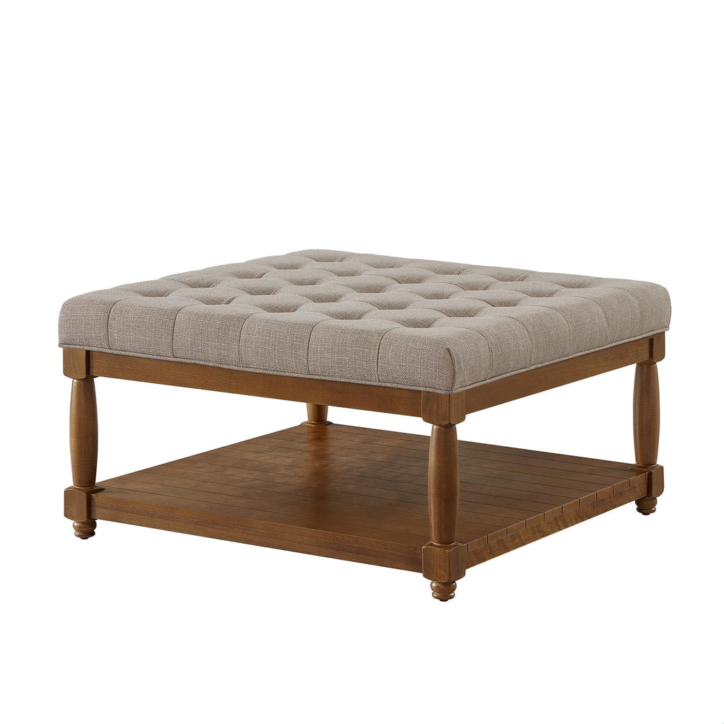 Large Square Upholstered Tufted Linen Ottoman Coffee Table with Solid Wood Frame and Open Storage Shelf, Nailhead