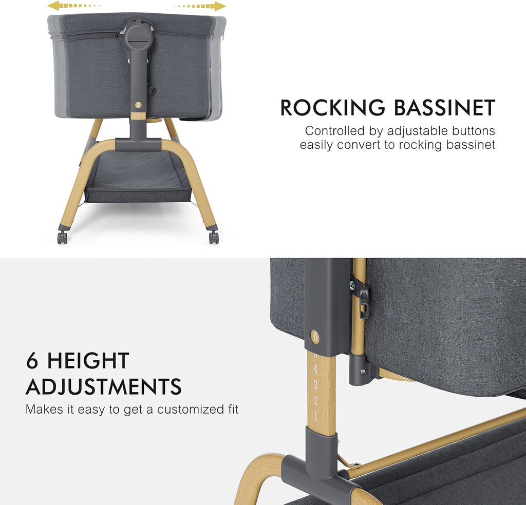 3-in-1 Baby Bassinet, Rocking Bedside Bassinet, Dark Grey | Wheels, comfy mattress, 6 height adjustments, easy